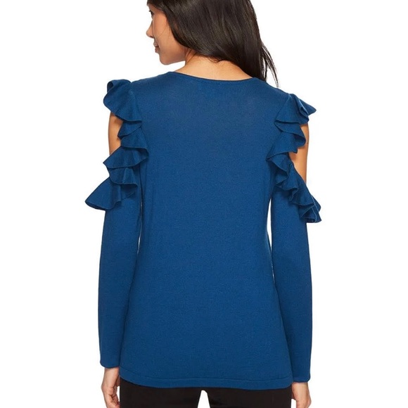 CeCe Turquoise Ruffle Shoulder Sweater - Picture 2 of 7